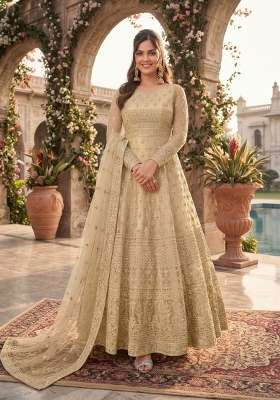 Cream Embroidered Net Kurta Set