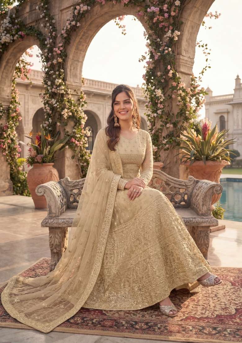 Cream Embroidered Net Kurta Set - Indya