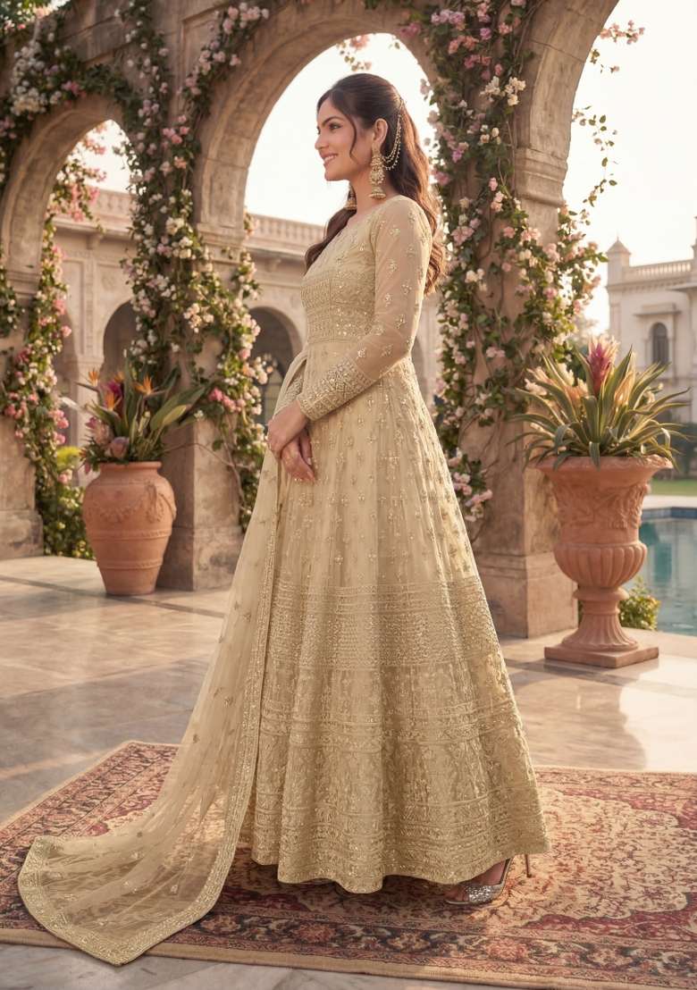 Cream Embroidered Net Kurta Set - Indya