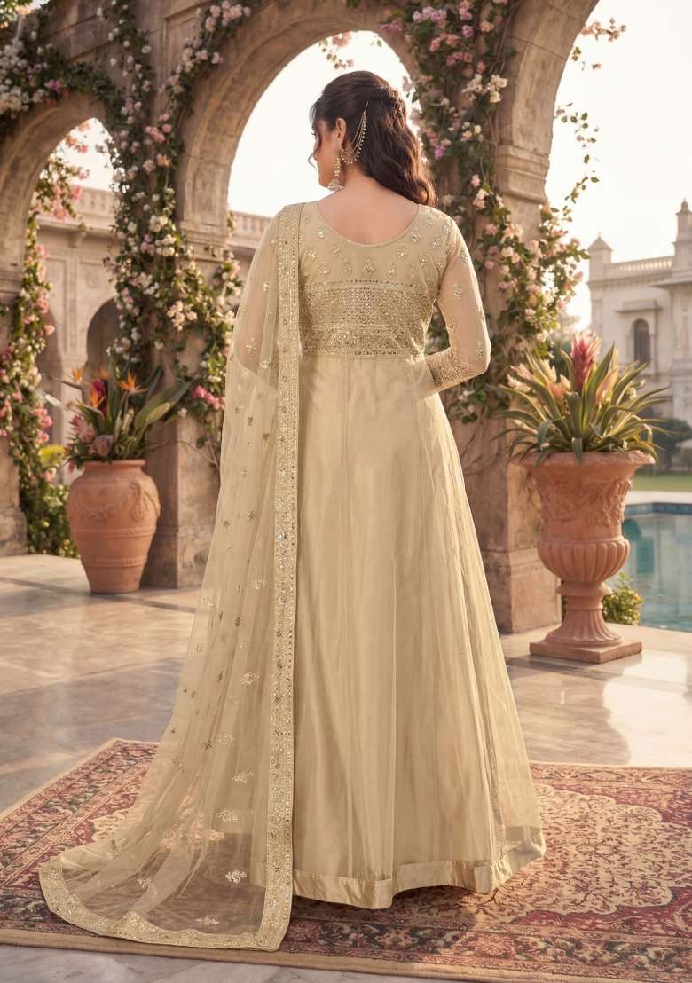 Cream Embroidered Net Kurta Set - Indya