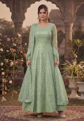 Green Embroidered Net Kurta Set