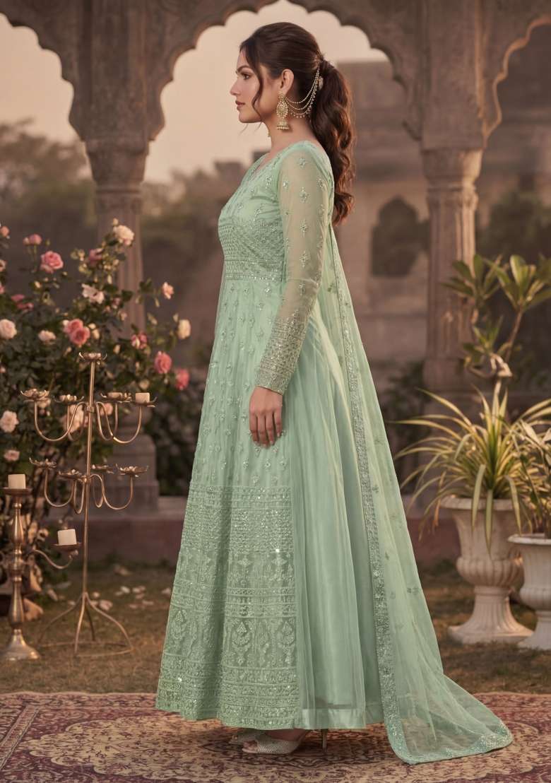 Green Embroidered Net Kurta Set - Indya