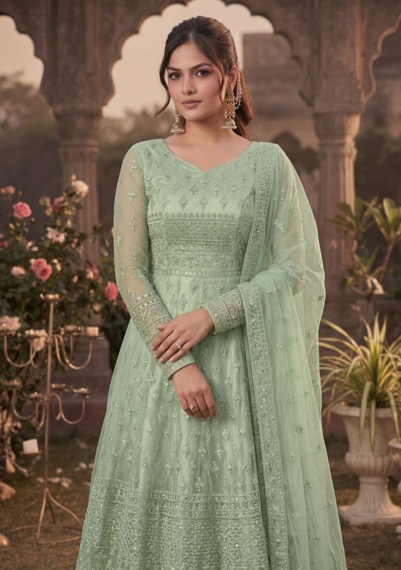 Green Embroidered Net Kurta Set - Indya