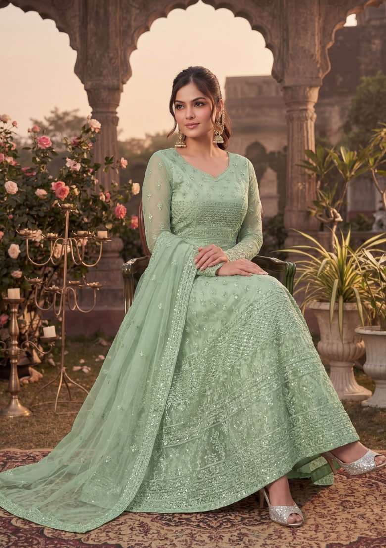 Green Embroidered Net Kurta Set - Indya