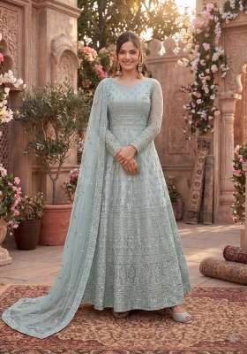 Grey Embroidered Net Kurta Set