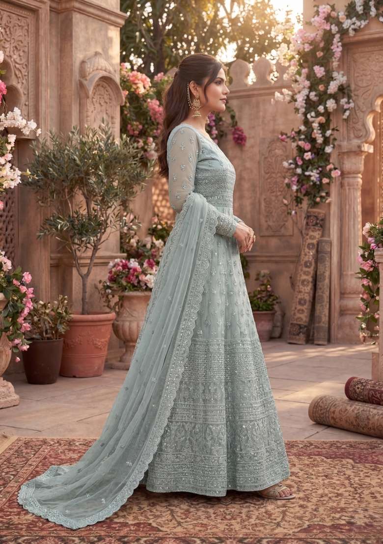 Grey Embroidered Net Kurta Set - Indya