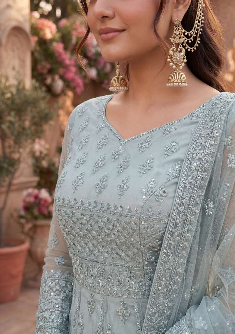 Grey Embroidered Net Kurta Set - Indya