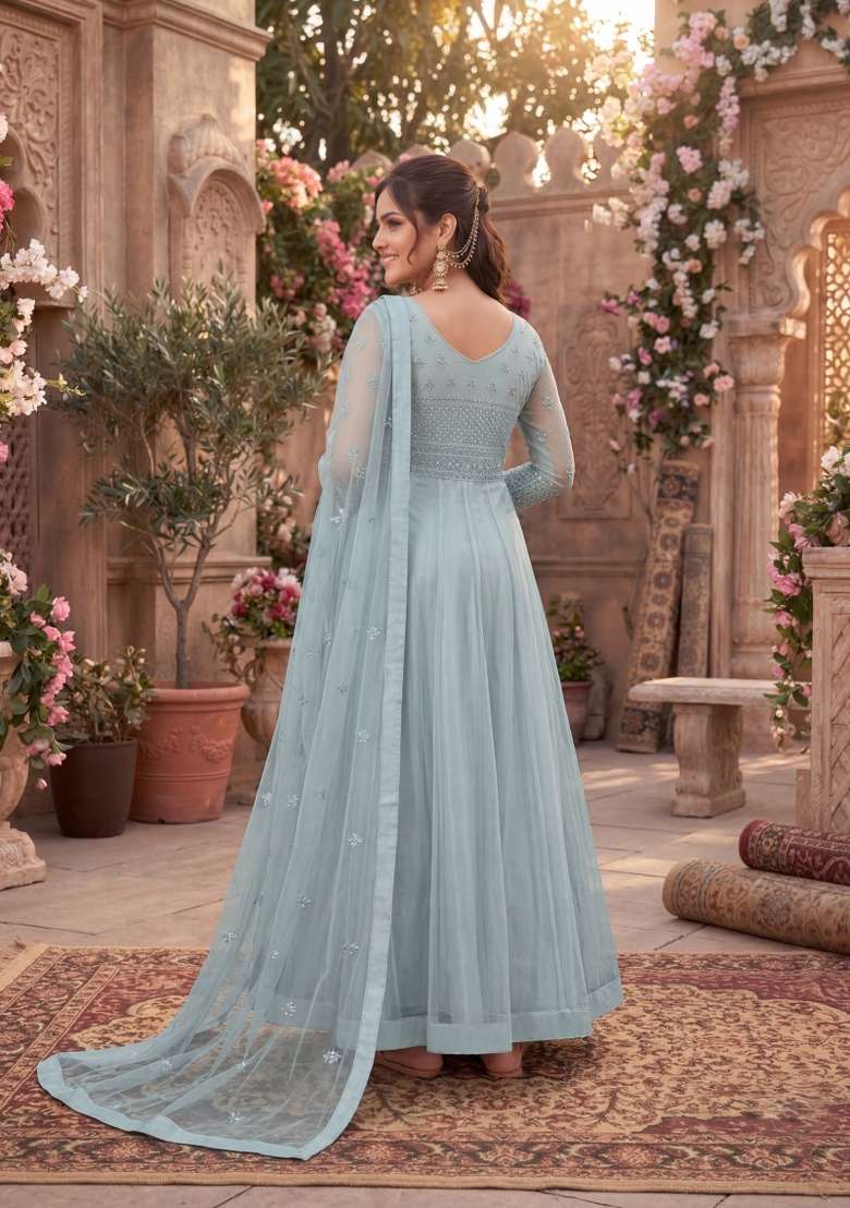Grey Embroidered Net Kurta Set - Indya