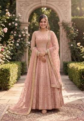 Peach Embroidered Net Kurta Set