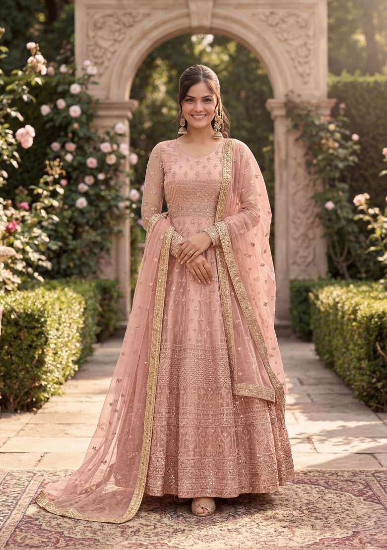 Peach Embroidered Net Kurta Set - Indya