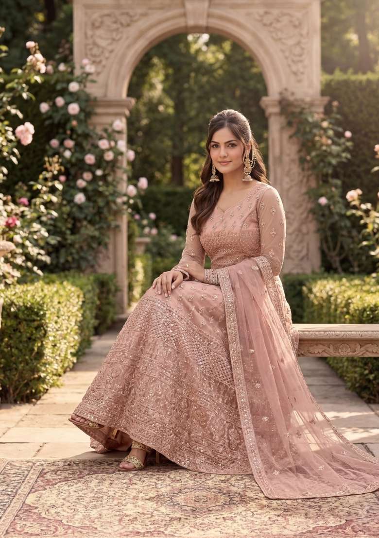 Peach Embroidered Net Kurta Set - Indya