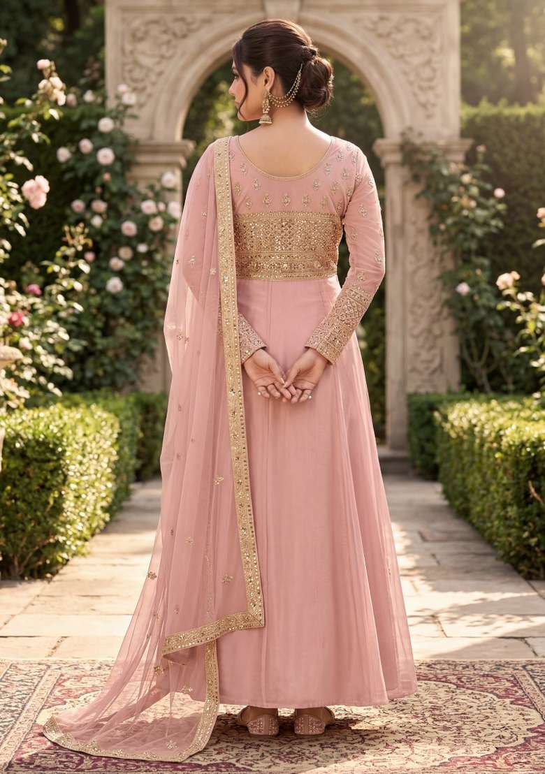 Peach Embroidered Net Kurta Set - Indya