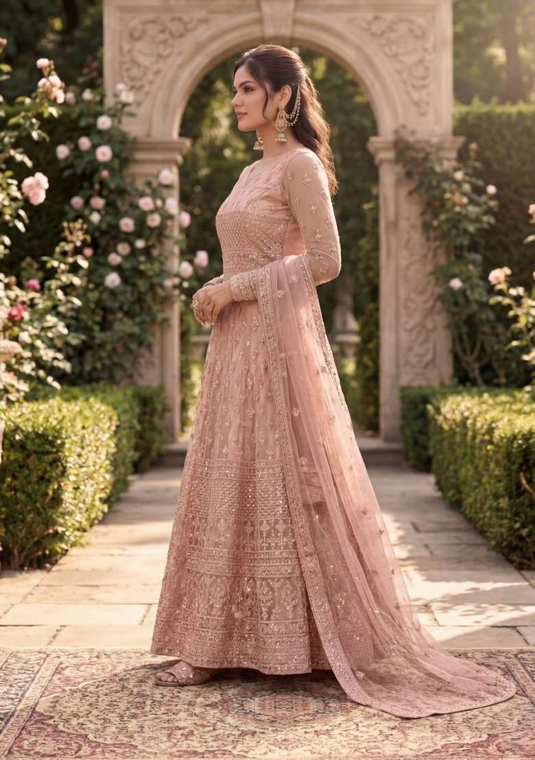 Peach Embroidered Net Kurta Set - Indya