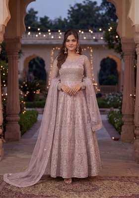 Purple Embroidered Net Kurta Set