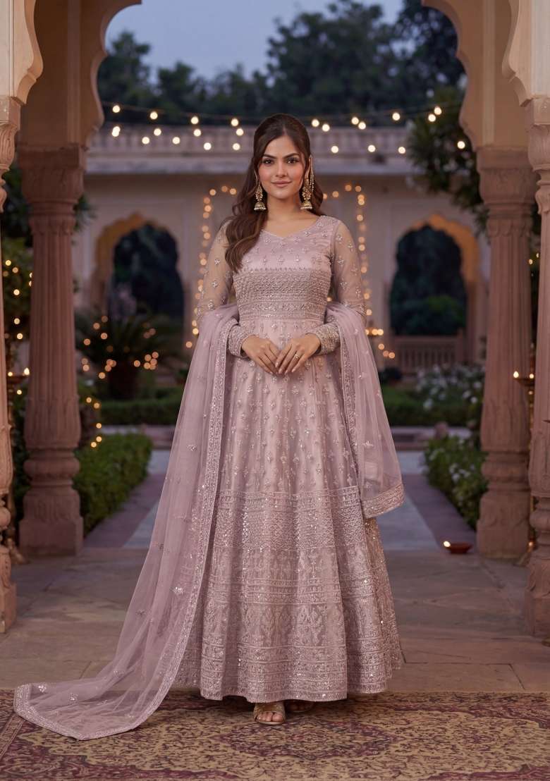 Purple Embroidered Net Kurta Set - Indya