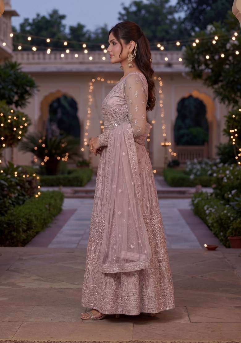 Purple Embroidered Net Kurta Set - Indya