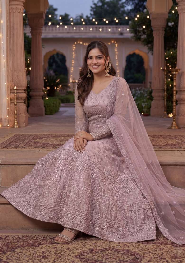 Purple Embroidered Net Kurta Set - Indya