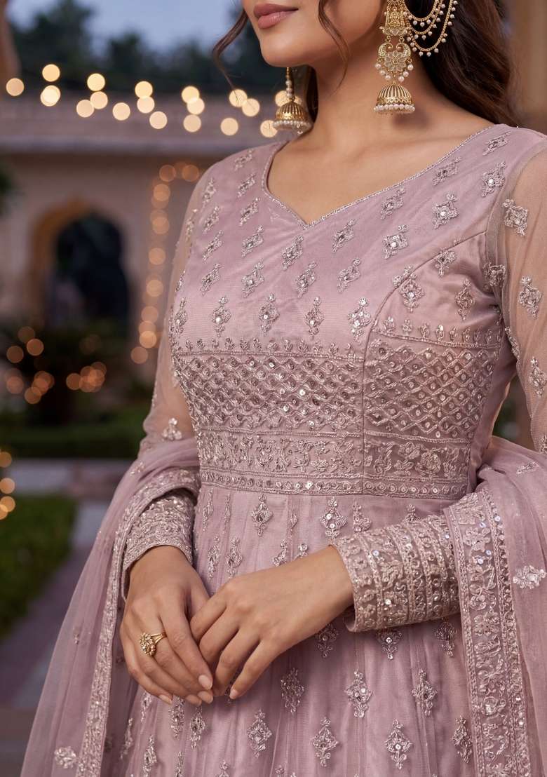 Purple Embroidered Net Kurta Set - Indya