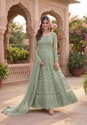 Green Embroidered Net Kurta Set