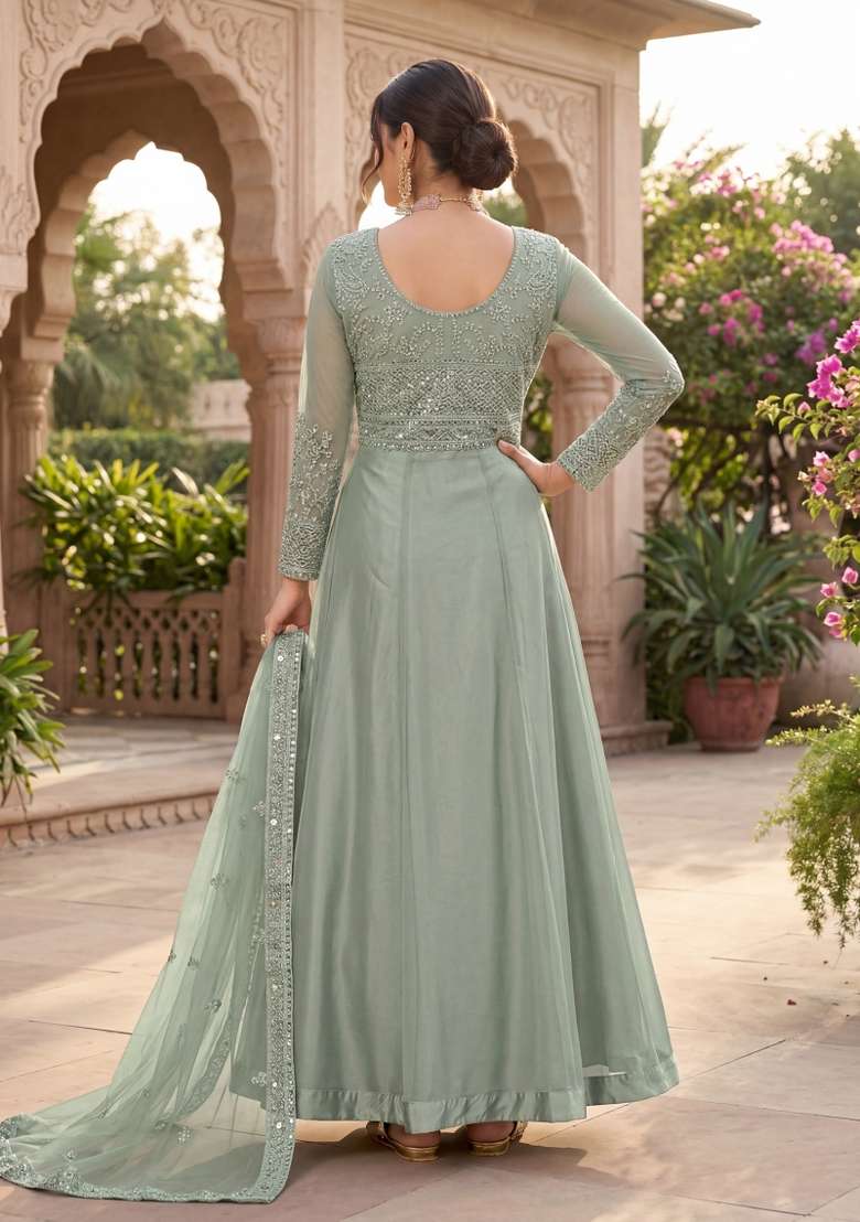 Green Embroidered Net Kurta Set - Indya