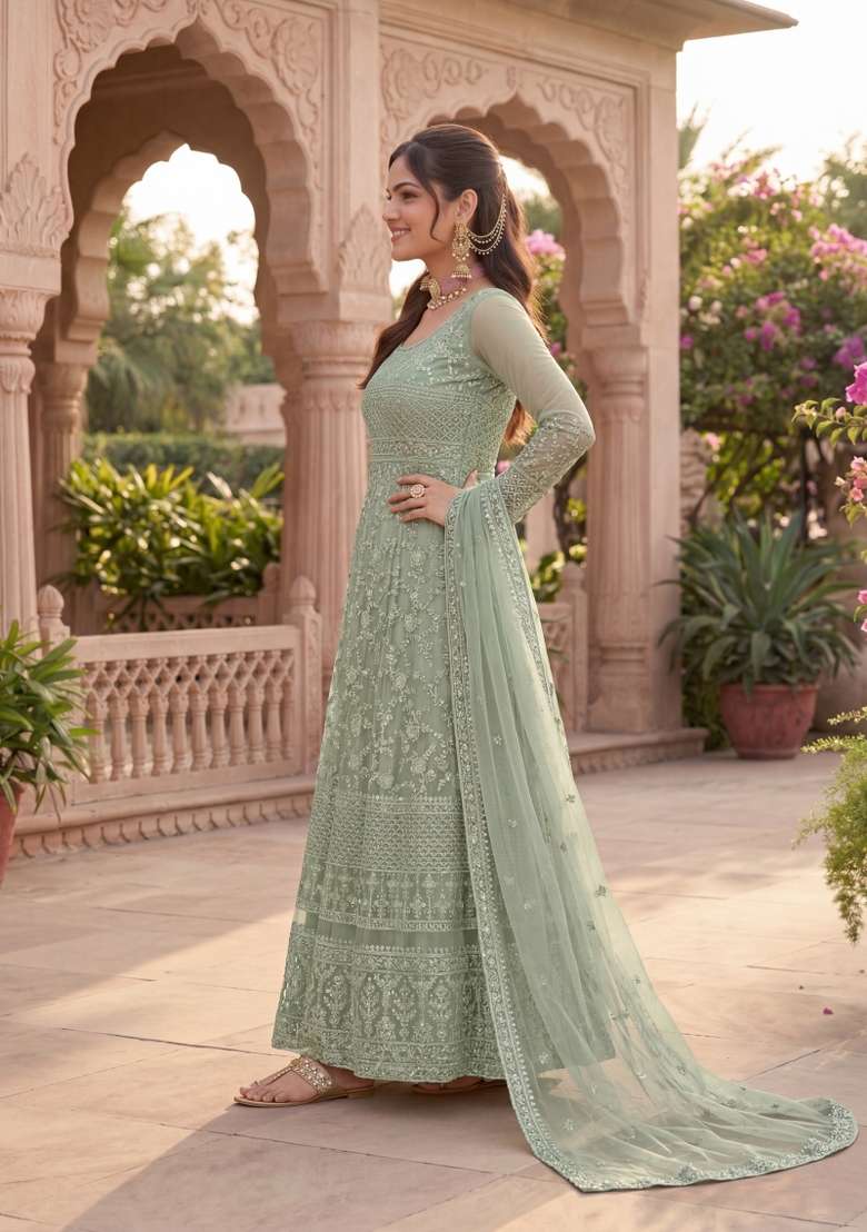 Green Embroidered Net Kurta Set - Indya