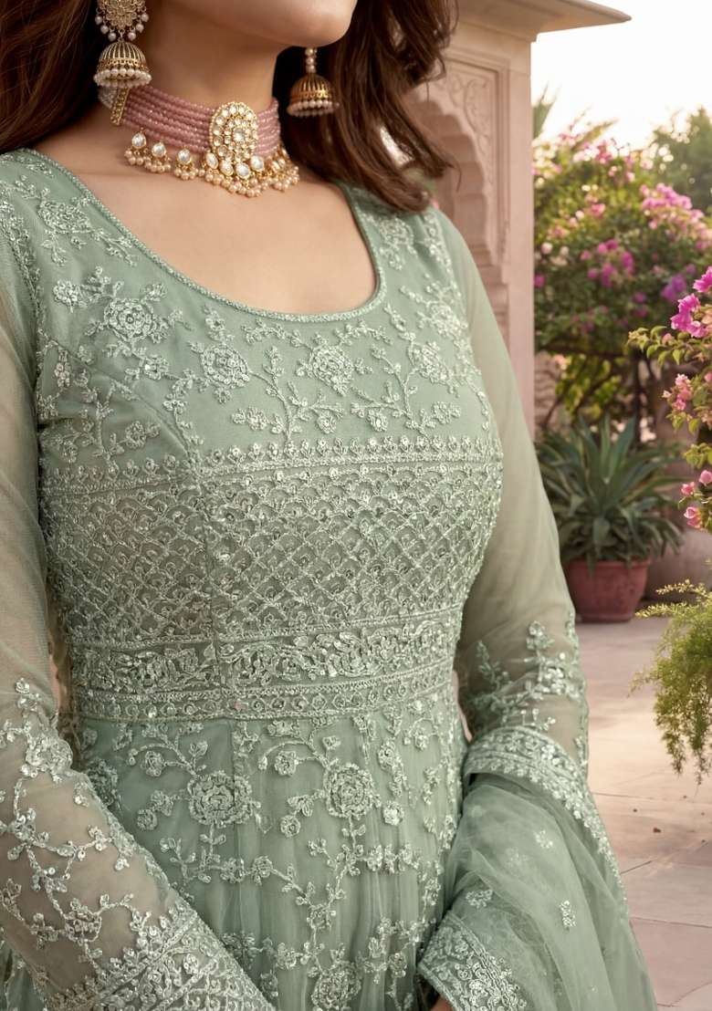 Green Embroidered Net Kurta Set - Indya