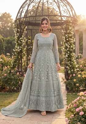 Grey Embroidered Net Kurta Set