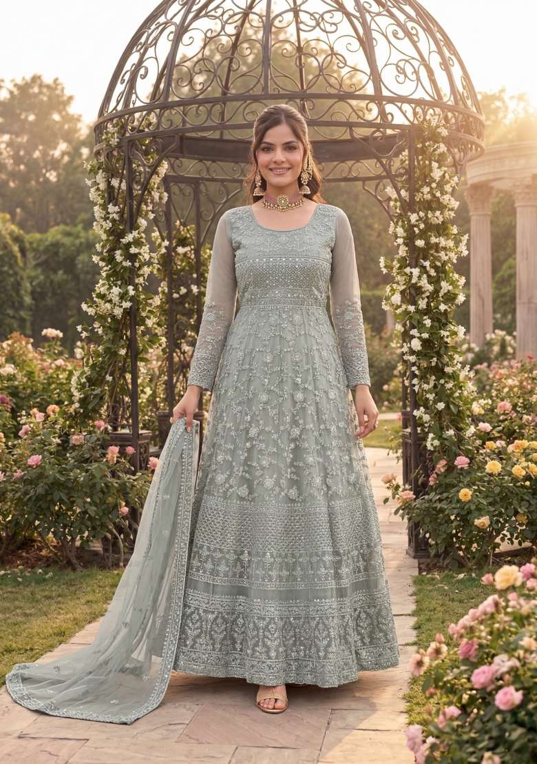 Grey Embroidered Net Kurta Set - Indya