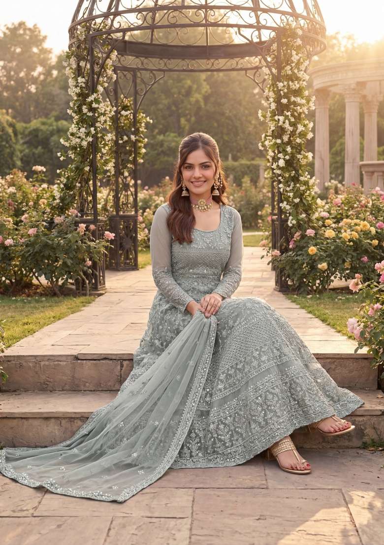 Grey Embroidered Net Kurta Set - Indya