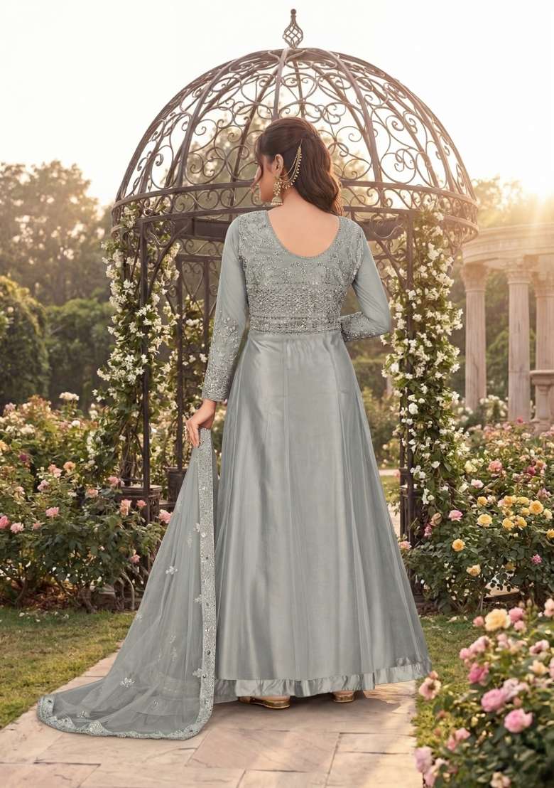 Grey Embroidered Net Kurta Set - Indya