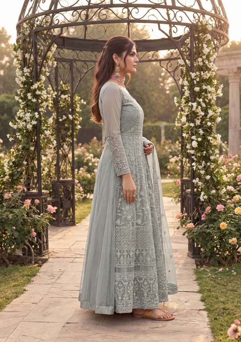 Grey Embroidered Net Kurta Set - Indya