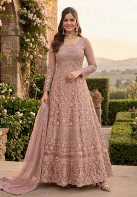Peach Embroidered Net Kurta Set
