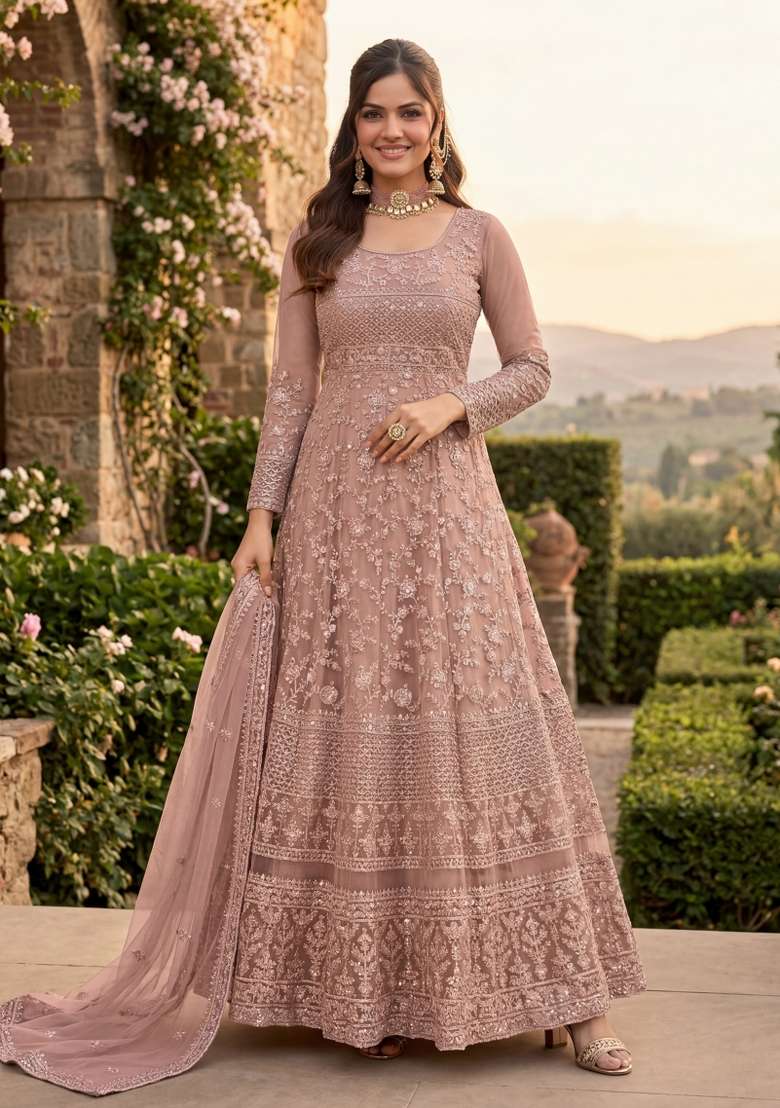 Peach Embroidered Net Kurta Set - Indya