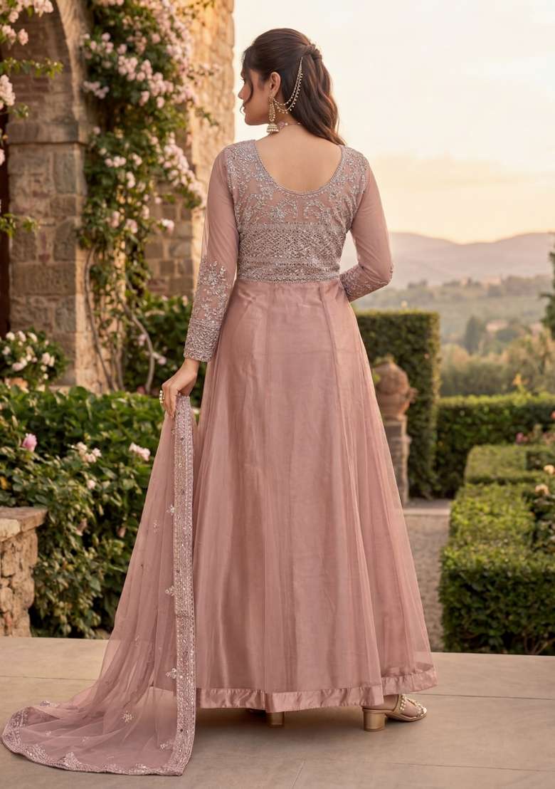 Peach Embroidered Net Kurta Set - Indya