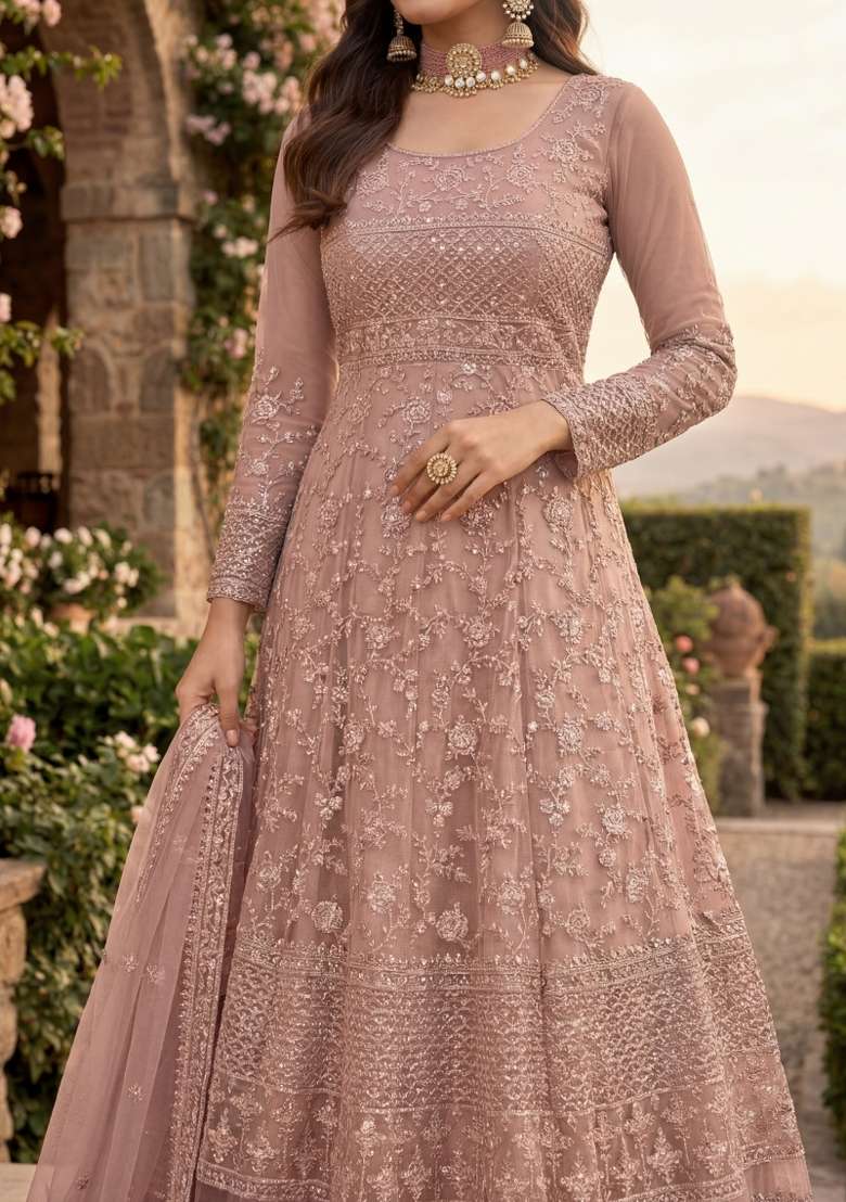 Peach Embroidered Net Kurta Set - Indya