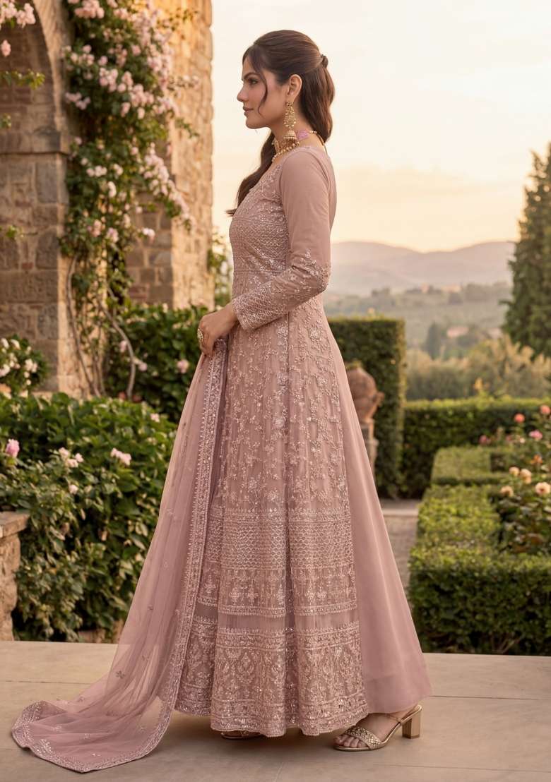 Peach Embroidered Net Kurta Set - Indya