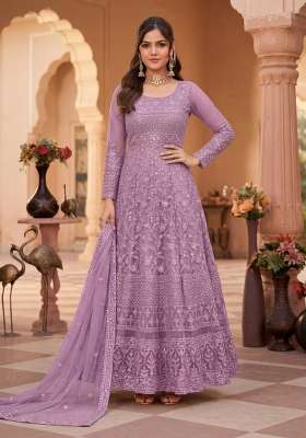 Purple Embroidered Net Kurta Set