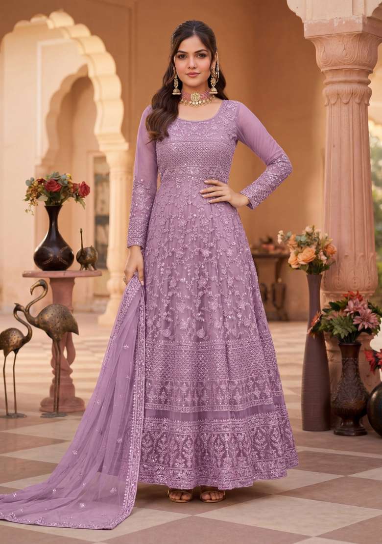 Purple Embroidered Net Kurta Set - Indya