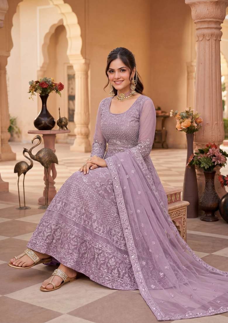 Purple Embroidered Net Kurta Set - Indya