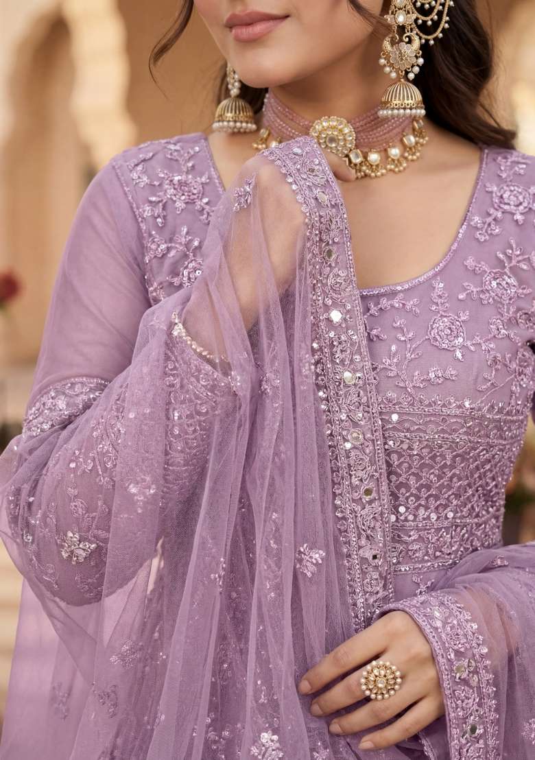 Purple Embroidered Net Kurta Set - Indya