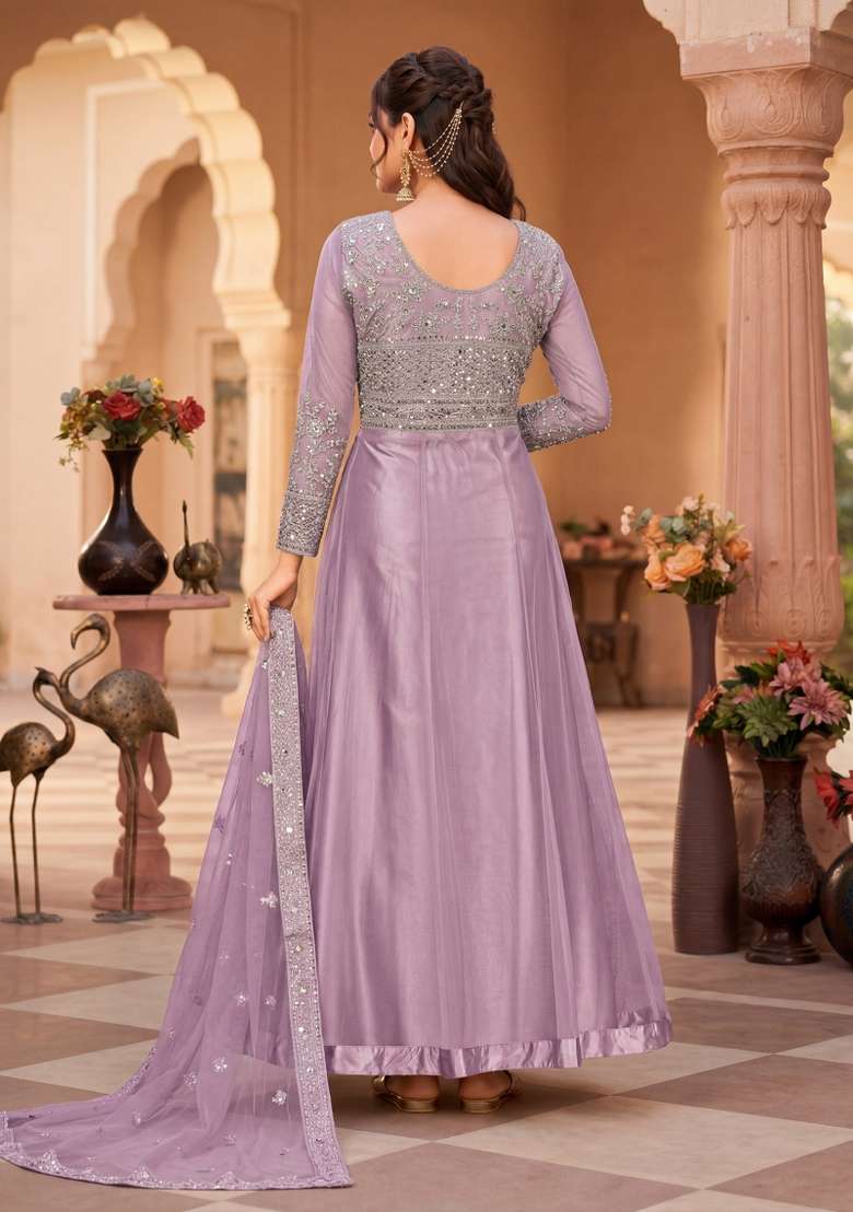 Purple Embroidered Net Kurta Set - Indya