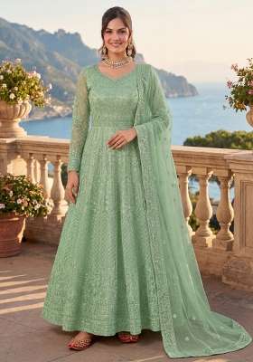 Green Embroidered Net Kurta Set