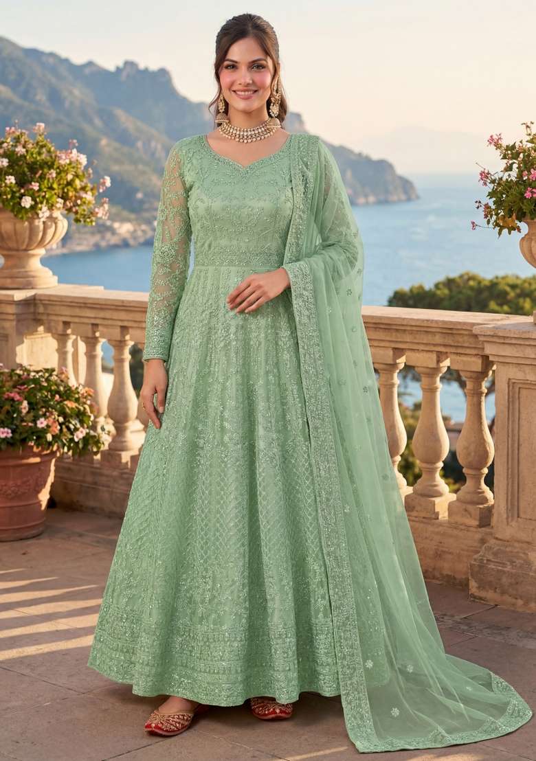Green Embroidered Net Kurta Set - Indya