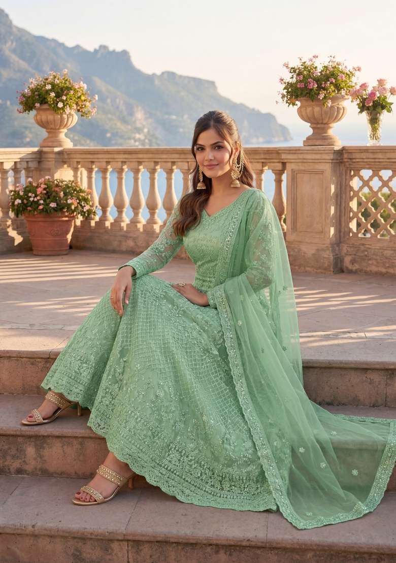 Green Embroidered Net Kurta Set - Indya