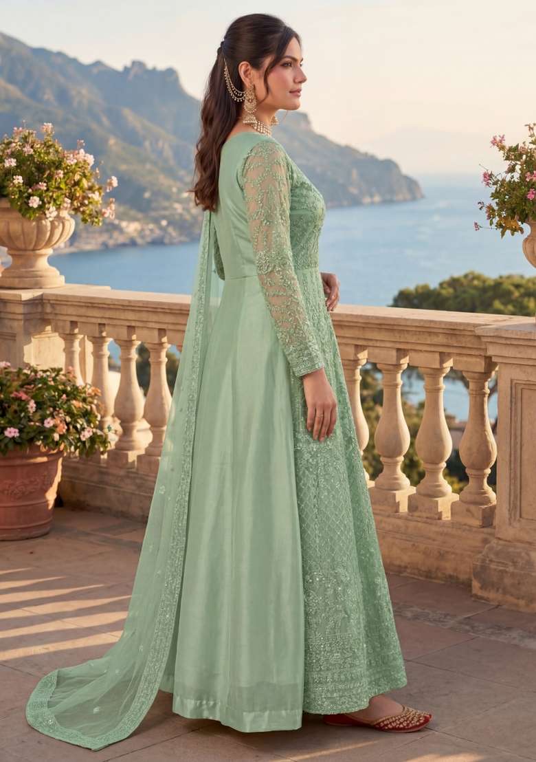 Green Embroidered Net Kurta Set - Indya