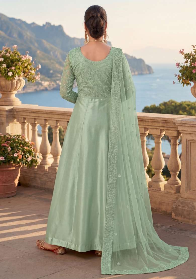 Green Embroidered Net Kurta Set - Indya