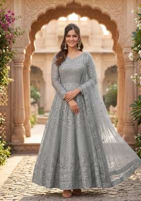 Grey Embroidered Net Kurta Set
