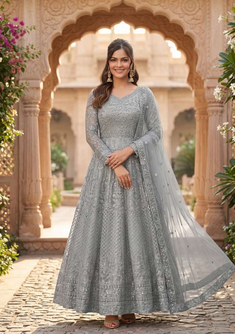 Grey Embroidered Net Kurta Set - Indya