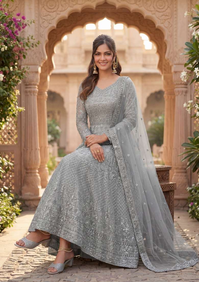Grey Embroidered Net Kurta Set - Indya
