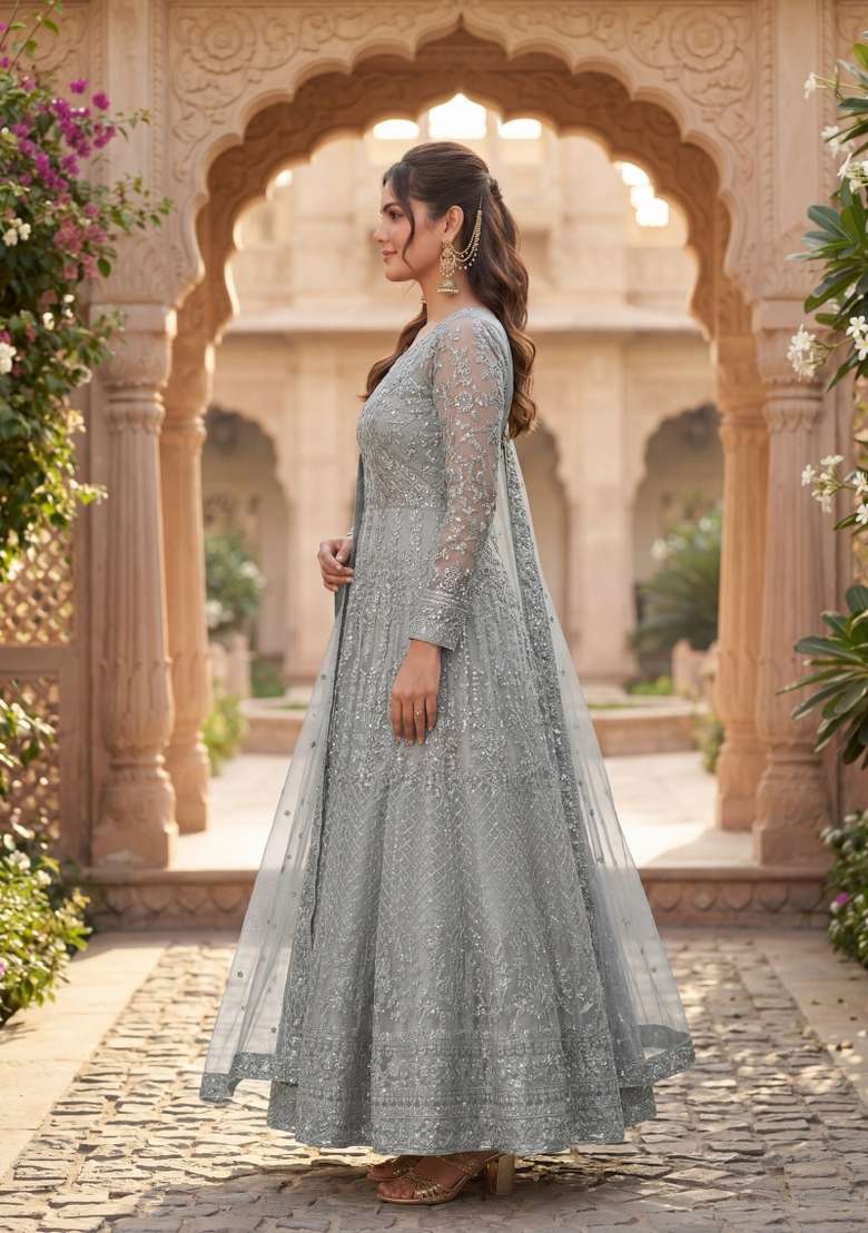 Grey Embroidered Net Kurta Set - Indya